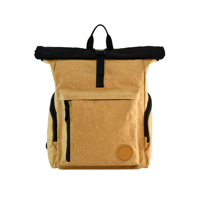 A kraft paper laptop backpack in beige with a black roll-top closure and a front zipper pocket. Features a logo.