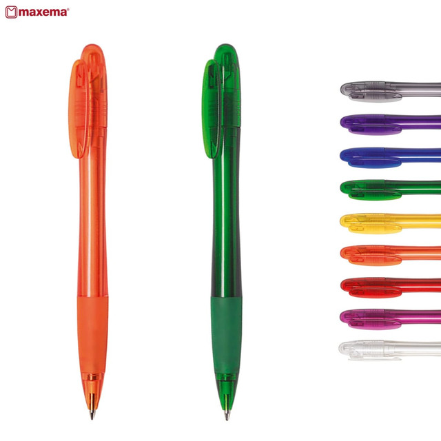 A range of plastic pens in various colours, including orange, green, and assorted shades, featuring a logo.