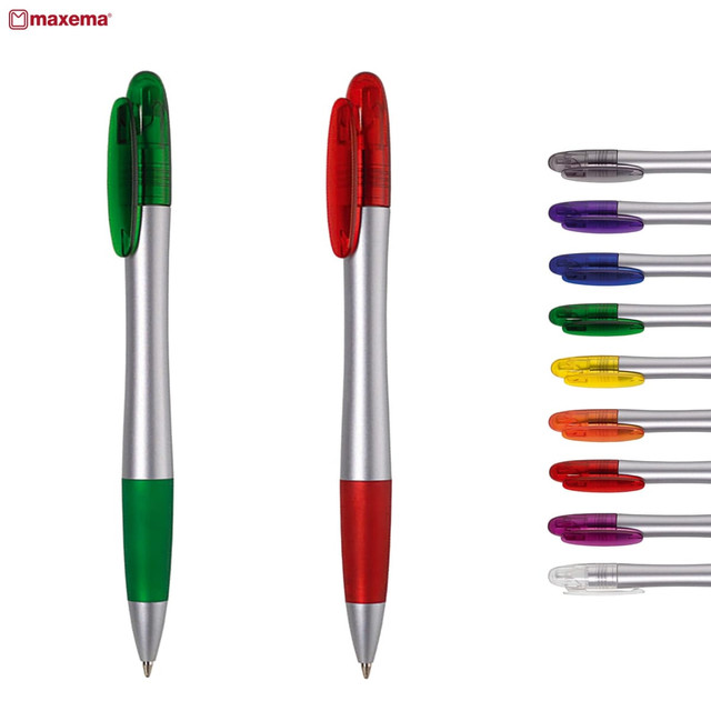 Two plastic pens, one green and one red, alongside a selection of pens in various colours. Each pen features a clip and a logo.