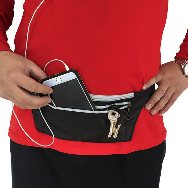 A black waist fitness belt with a phone and keys secured in its zippered compartments.