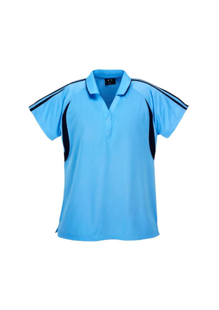 A blue polo shirt featuring black side panels and a collar. The shirt has a logo on the front.