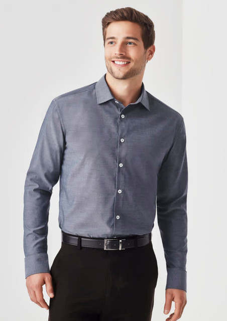 A slim fit, long sleeve button-up shirt in grey, featuring a collar and buttons, paired with a black belt.