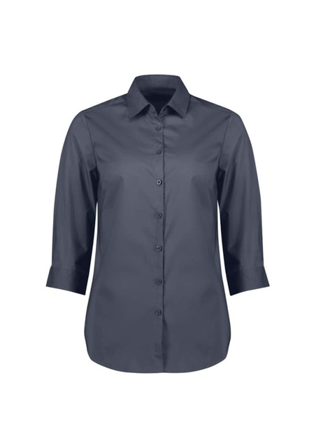 A women's button-up shirt with 3/4 sleeves in a dark navy colour, featuring a logo on the chest.