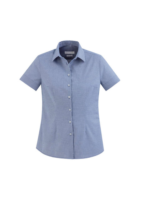 A short-sleeve, button-up shirt in a blue and white check pattern, featuring a collar and a logo.
