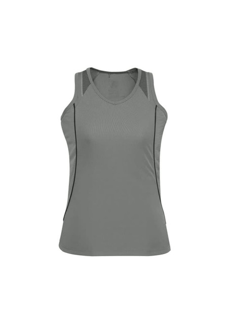 A grey Ladies Razor Singlet with mesh detailing and a fitted design. It features a logo at the hem.