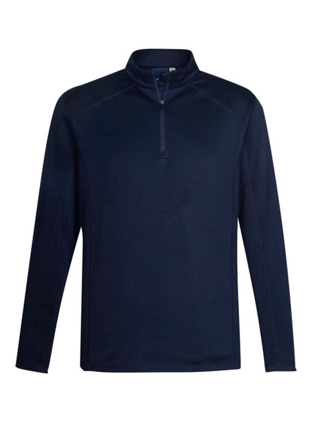 A navy blue men's jumper featuring a half-zip design and long sleeves, with a small logo on the front.
