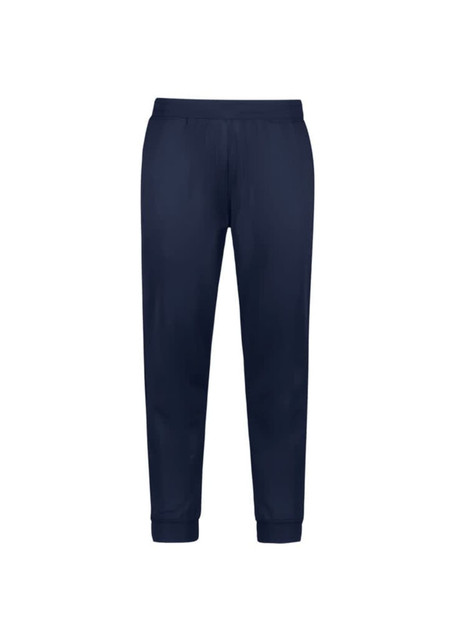 Navy track pants with a tapered fit and elastic waistband, featuring a logo on the design.