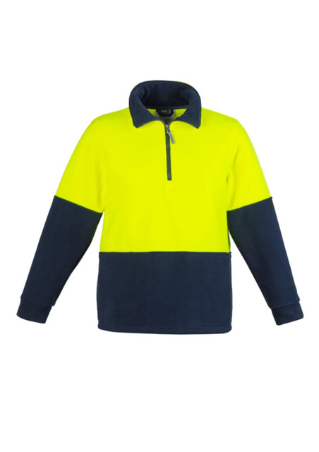A unisex hi-vis polar fleece pullover in bright yellow and dark navy, featuring a half zip and a logo.