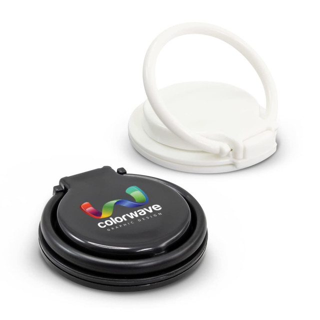 A black and white Stellar Phone Ring with a circular design and a logo on the black side.