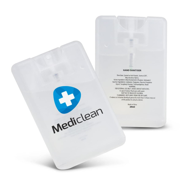 A clear, rectangular hand sanitiser card containing 20ml of liquid, featuring a logo and a flip-top spout.