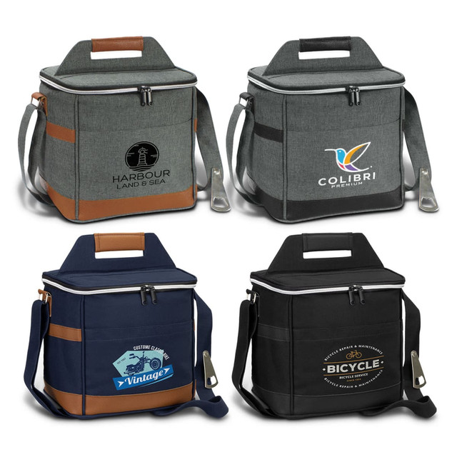 A collection of cooler bags in grey, navy, and black, featuring various logos and brown accents. A collection of cooler bags in grey, navy, and black, featuring various logos and brown accents.