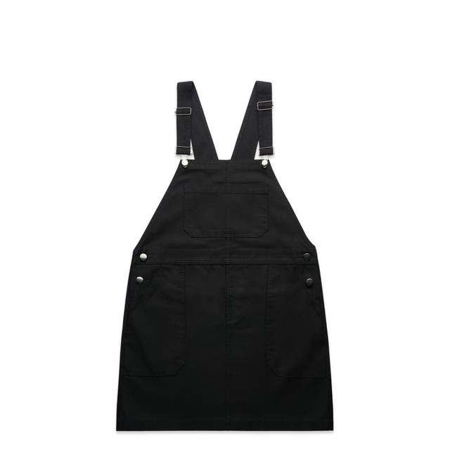 A black utility dress with adjustable straps and multiple pockets, featuring a logo on the side.