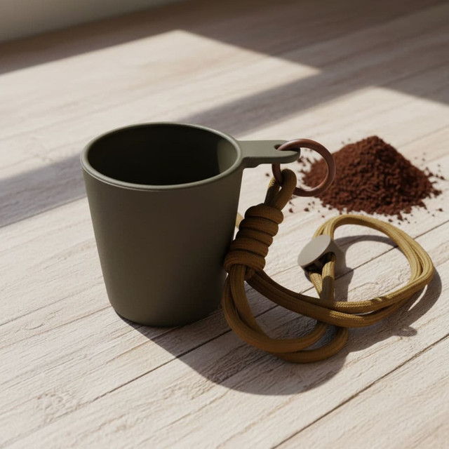 A green mini cup with a strap is placed beside a small pile of coffee grounds on a wooden surface.