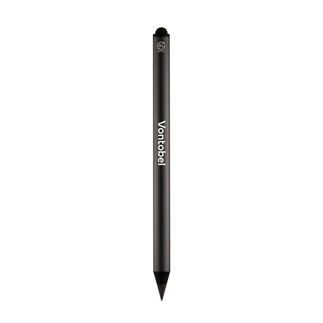 A black pencil with a pointed tip and a logo on the side.
