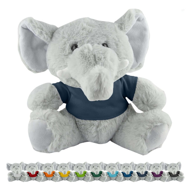 A grey elephant plush toy wearing a blue shirt, featuring large ears and a friendly expression. It has a multi-coloured design border.