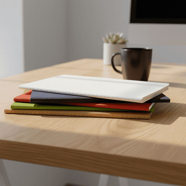 A stack of five colourful notebooks in white, green, red, black, and brown sits on a wooden desk next to a coffee mug.