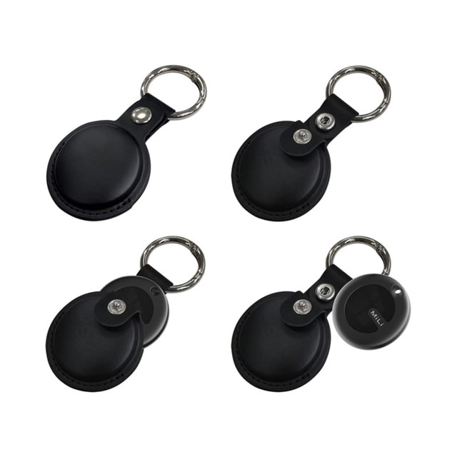 A set of black tracking tags with keyring attachments, featuring a PU case and rounded design.