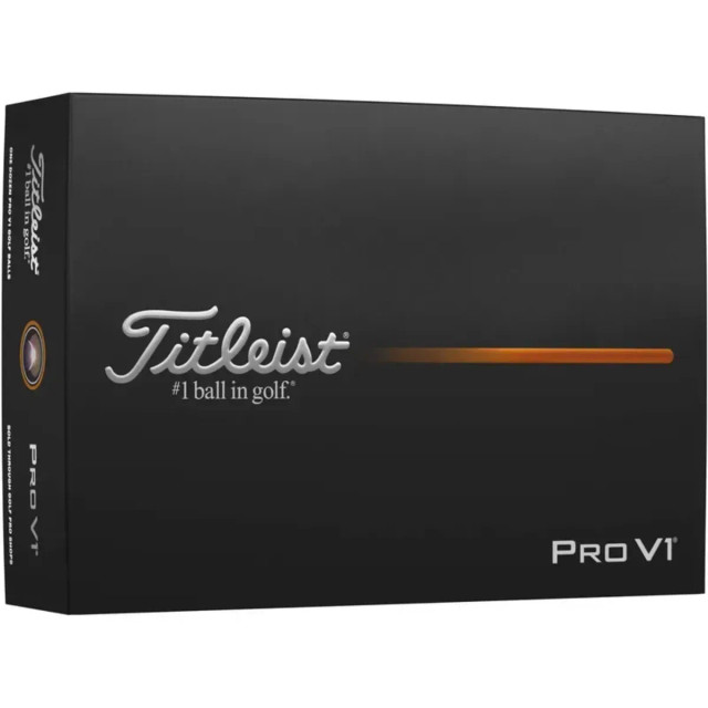 A black box containing three Titleist Pro V1 golf balls, featuring a logo and a sleek design.