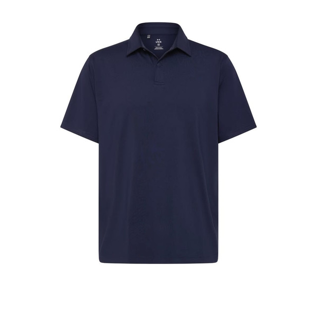 A navy men's polo shirt featuring a collar and short sleeves, with a logo on the chest.
