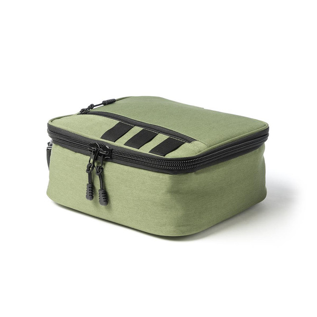 A green pack cooler with a zippered closure and black details, featuring a sturdy rectangular design.