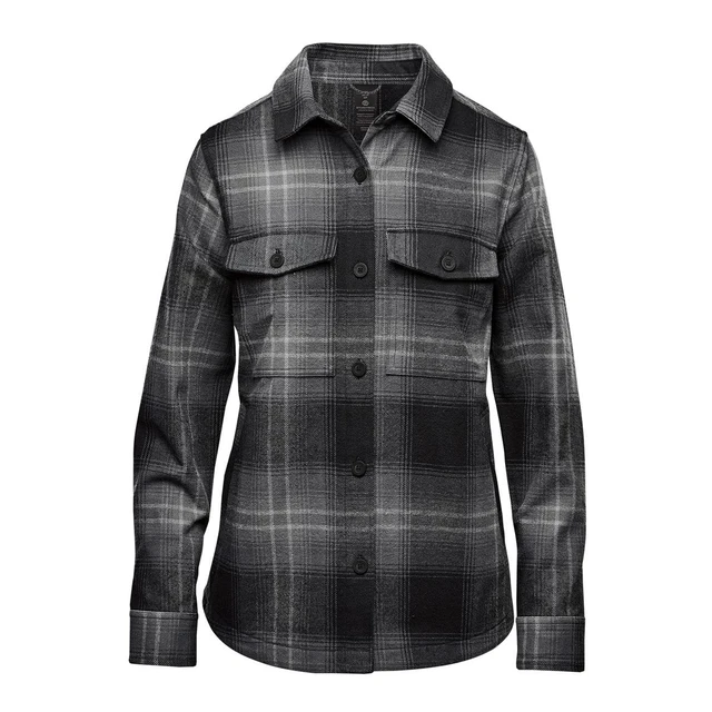 A women's shacket in a black and grey highland plaid pattern, featuring a button-up front and two chest pockets.