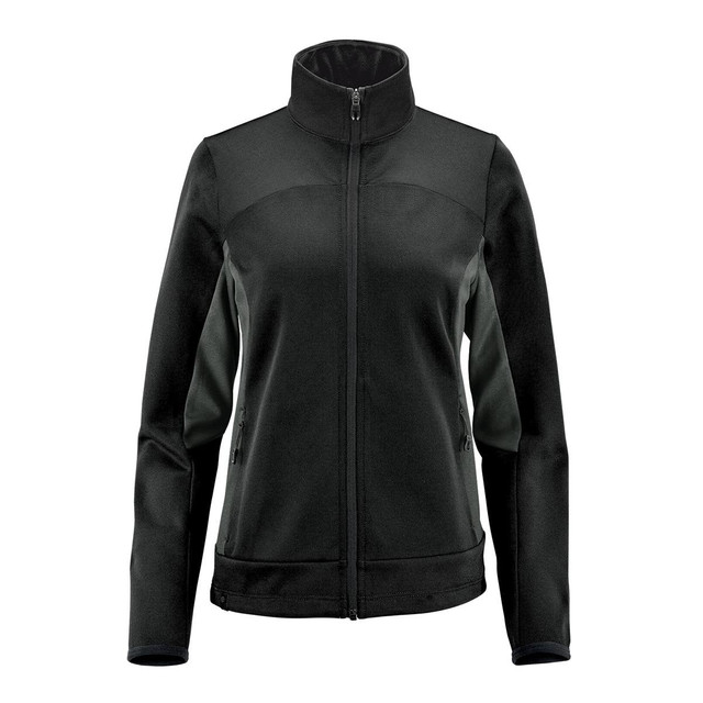 A women's black knit jacket with a high collar and zippered front, featuring contrasting panel details and pockets.