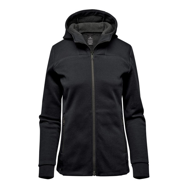 A women's black Antares Performance Hoody with a zip front and hood, featuring a soft inner lining.
