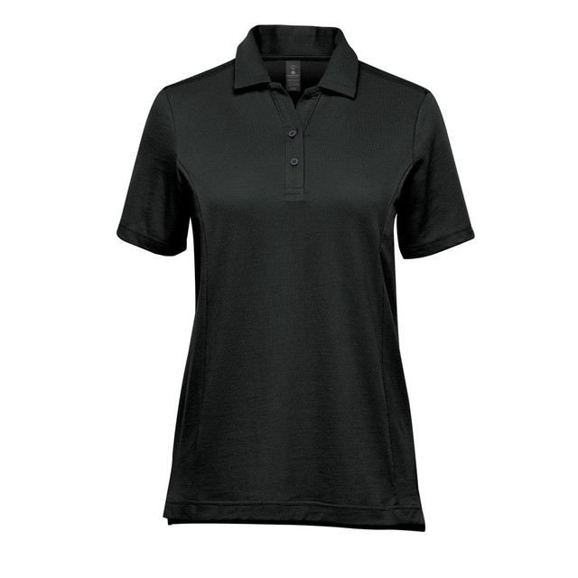 A black women's polo shirt with a collar and three buttons, featuring a logo on the chest.