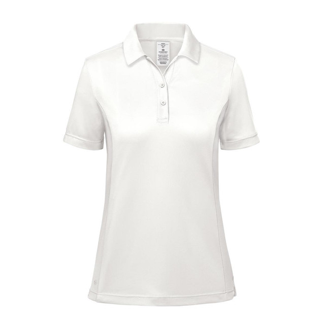 A white women's polo shirt with a collar and short sleeves, featuring a branded logo.