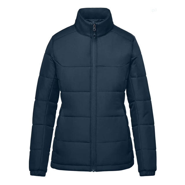 A women's puffer jacket in navy blue, featuring a zip-up front and high collar. It has a logo on it.
