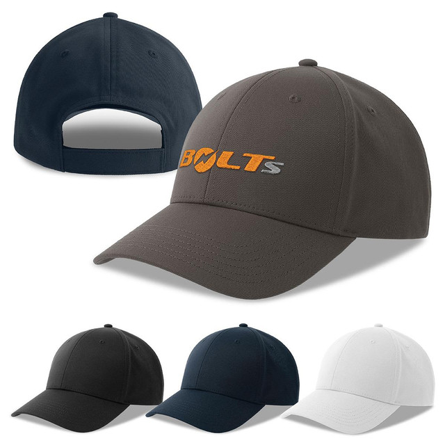 A collection of caps in grey, black, navy, and white, featuring a branded logo on the front.