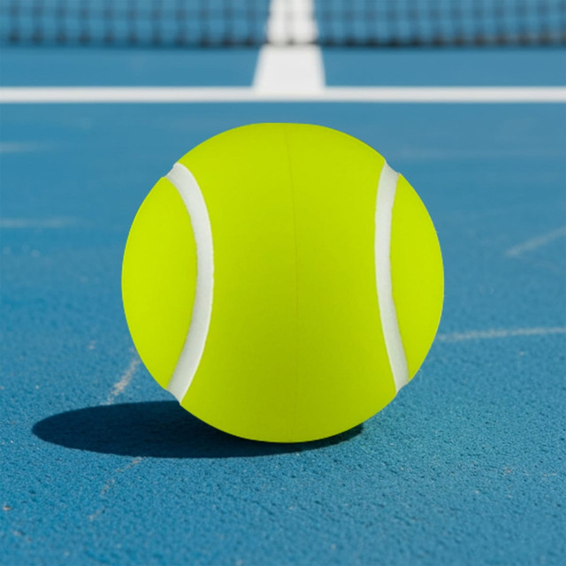 A bright yellow tennis ball sits on a blue court, featuring white stripes and a smooth texture.