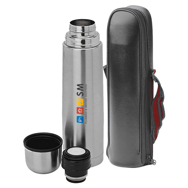 A drink bottle in silver with a black carrying case, featuring a logo and detachable cap and cup.