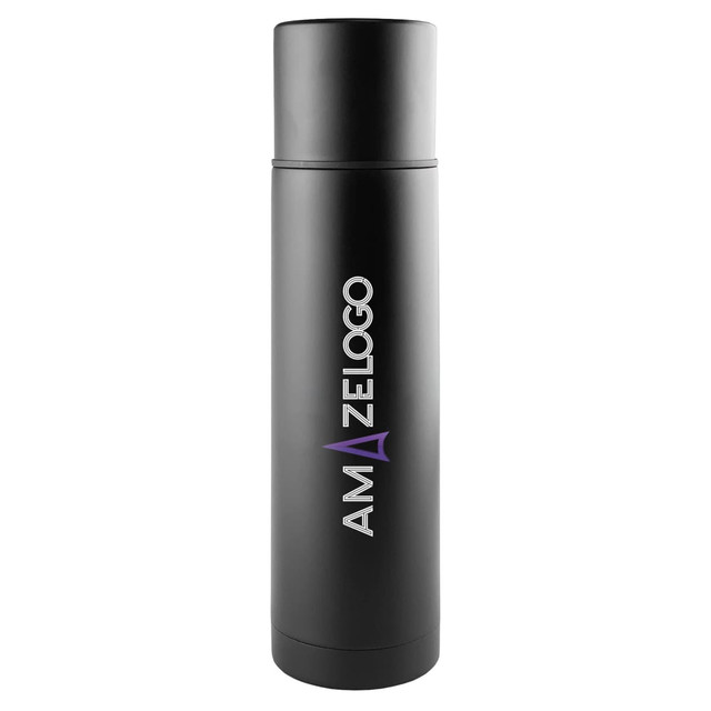 A drink bottle in sleek black with a branding logo, featuring a tall, cylindrical design for 500ml capacity.