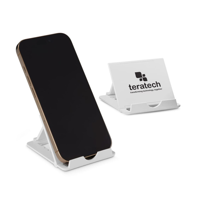 A white phone stand with a smartphone propped up, featuring a logo on one side.