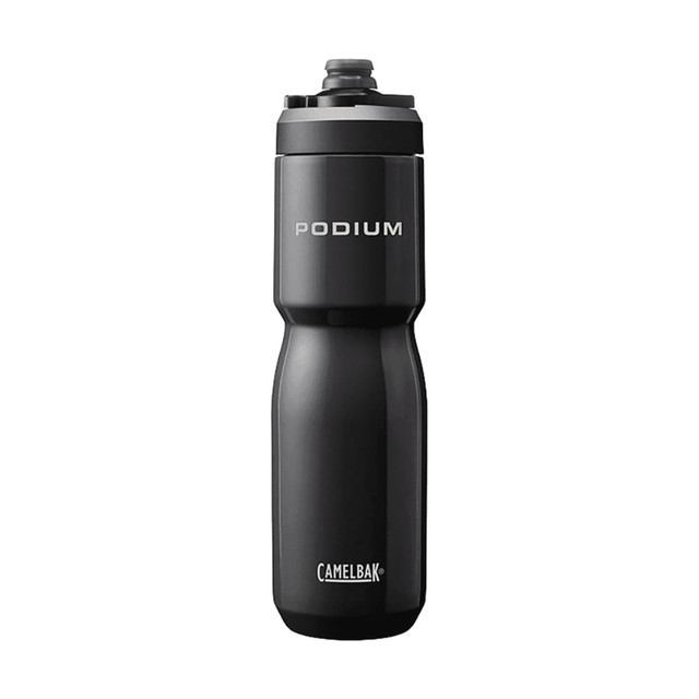 A drink bottle in black, featuring a screw-top lid and a brand logo, designed for insulation.