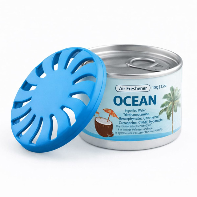 A blue air freshener can with a lid, labelled "Ocean," containing 100g of scented product.
