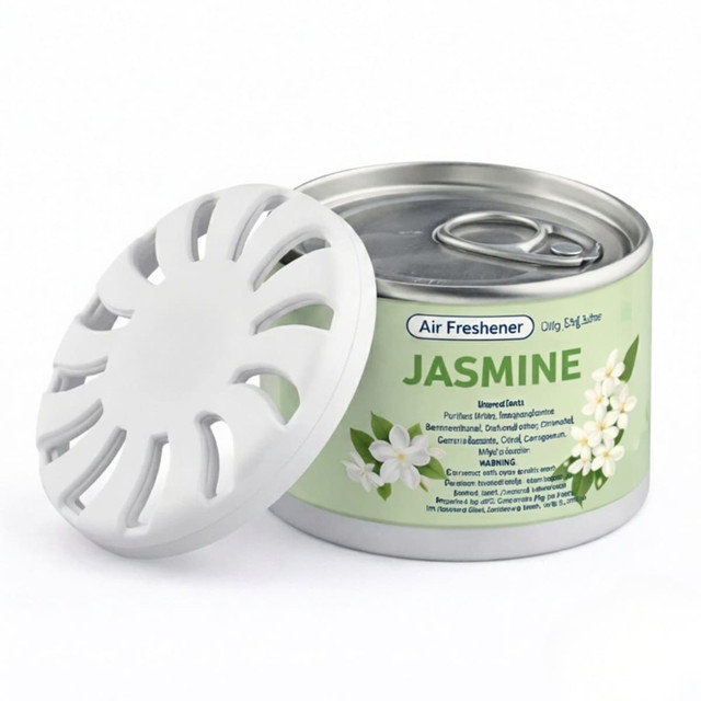 A round tin of jasmine air freshener with a white lid, featuring floral graphics and a green label.