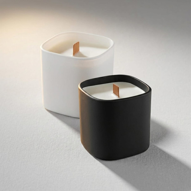 Two square candles in black and white glass containers, featuring wooden wicks, against a neutral background.