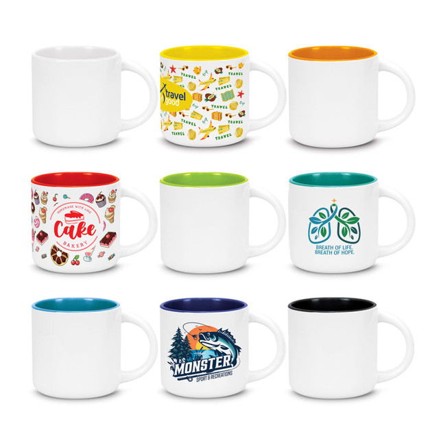 A collection of nine coffee mugs in various colours, featuring different designs and a logo on some mugs.