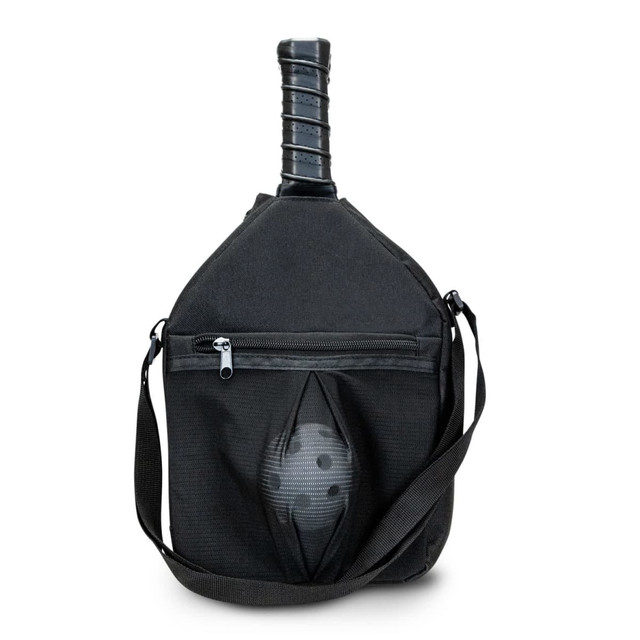 A black pickleball bag with a handle and a zipped pocket featuring a round pattern, designed for carrying equipment.