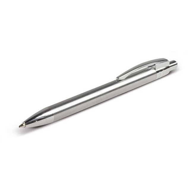 A metal pen with a sleek silver finish and a textured grip. Features a clip and a logo on the body.