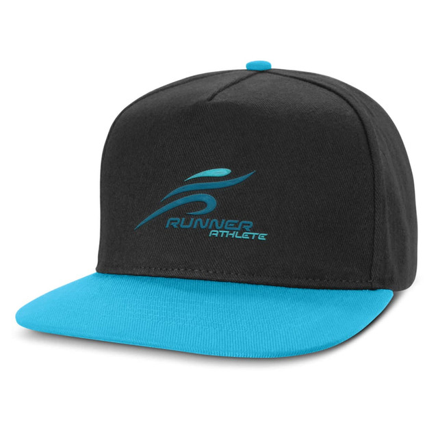 A flat peak cap featuring a black crown and a turquoise brim, with an embroidered logo on the front.