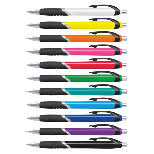A collection of plastic pens with coloured barrels in shades like pink, blue, green, yellow, orange, and black, featuring a logo.
