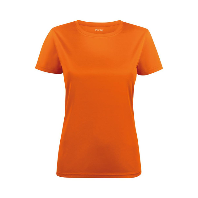 An orange women's active tee with a crew neckline and short sleeves, featuring a logo.