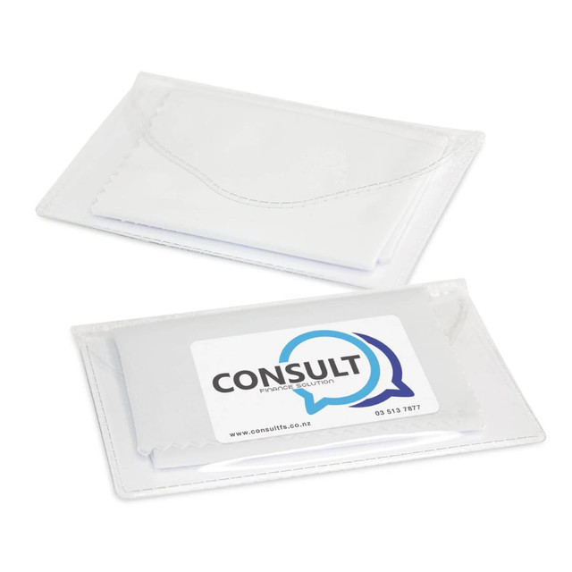 A white microfibre cleaning cloth packaged in a transparent sleeve with a logo on the front. A white microfibre cleaning cloth packaged in a transparent sleeve with a logo on the front.
