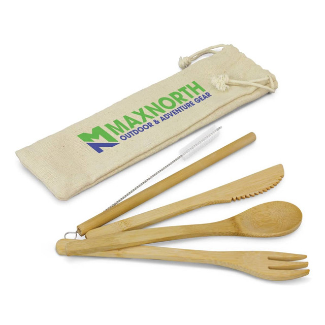 A bamboo cutlery set with a knife, fork, spoon, and straw, packaged in a beige drawstring bag with a logo.