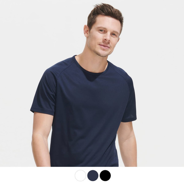 A man wearing a navy blue sporty t-shirt, featuring short sleeves and a logo. Other colour options below.