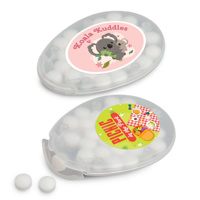 A transparent oval container filled with white sugar-free breath mints, featuring colorful labels with illustrations. A transparent oval container filled with white sugar-free breath mints, featuring colorful labels with illustrations.