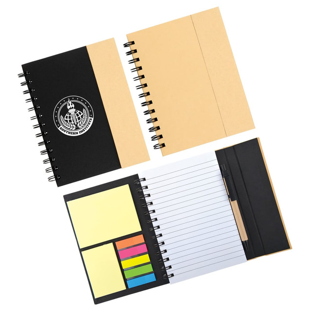 A spiral-bound notebook with a black cover, containing lined pages, sticky notes, and a logo. A spiral-bound notebook with a black cover, containing lined pages, sticky notes, and a logo.